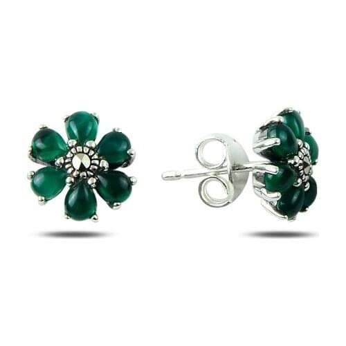 KUTAYDAN Marcasite & Natural Stone Flower Earrings 925 Sterling Silver