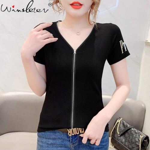 Summer European Style T-Shirt Girls Fashion V-Neck Zipper Women Tops Short Sleeve Shiny Diamonds Sexy Back Tees New 2021 T14413A