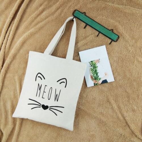 Fashion Shopping Bag Canvas Fabric Reusable Grocery Tote Cute Cat Print Foldable Shopper Bag