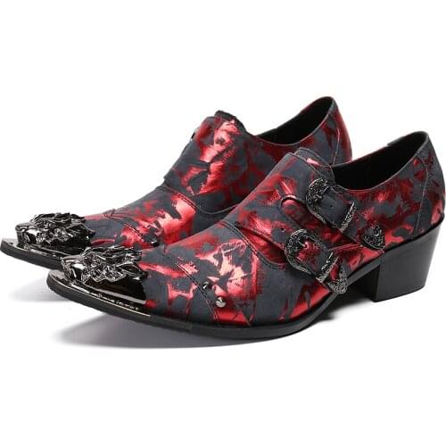 Sepatu Pria Men Party Leather Shoes Metal Pointed Toe High Heel Pattern Formal Dress Shoes Wedding Male Buckle Oxfords Shoes