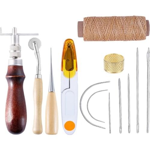 LMDZ 13Pcs Leather Sewing Kit DIY Leather Craft Tools Hand Stitching Taper Needle Tool with Groover Awl Waxed Thread Thimble