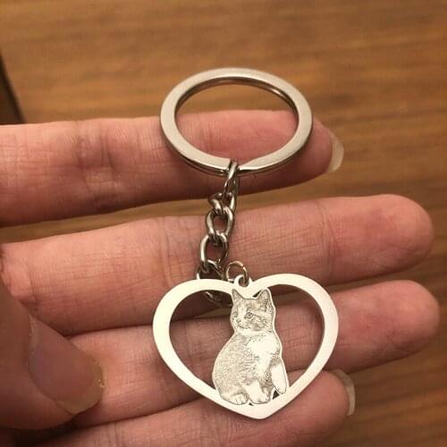 New Custom Animal Cat Pets Keychains Women Stainless Steel Hollowed Heart Shape Keyrings 3.5CM Jewelry Engraved Jewelry Gifts
