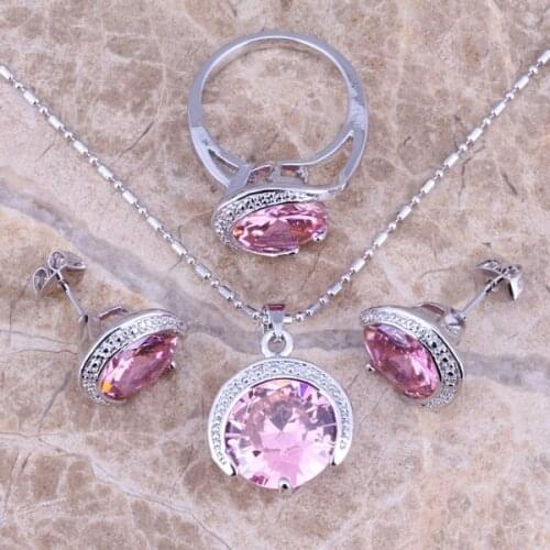 Pink White CZ Silver Plated Jewelry Sets Earrings Pendant Ring Size 6 / 7 / 8 / 9 / 10 Free S0075