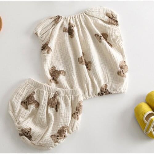 Cartoon Bear Printing Baby Clothes Summer Vintage Linen Cotton Sleeveless Shirt+Pp Shorts Suit for Toddler Girl Clothing Outfits