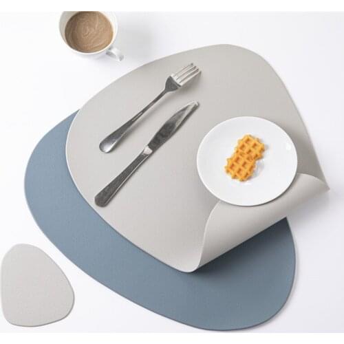 Grey PU Leather Placemats for Table Waterproof Non-Slip Table Mat Set Coaster Set Cup Wine Mat Tableware Pad Napkin for Kitchen