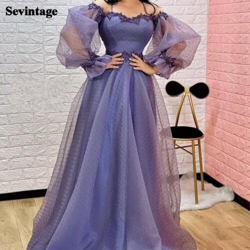 Sevintage Long Puff Sleeve Evening Dresses Dots Appliques Lace Prom Gowns Spaghetti Straps Princess A-Line Party Dress 2021