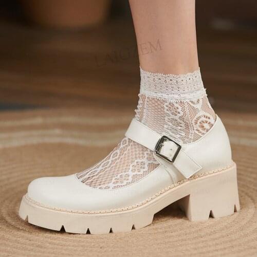 LAIGZEM FASHION Women Pumps Mary Janes LEATHER Chunky Heels Buckle Strap Comfortable Ladies Grils Shoes Woman Size 36 38 39 40