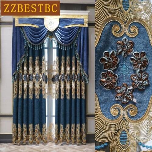 European and American luxury blue villa living room floor high-end hotel curtains modern high-quality bedroom curtain screens