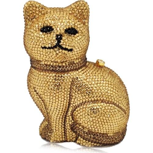 XIYUAN Cat Shape Gold Crystal Clutch Purse Evening Bags Clutches Women Metal Dinner Handbags Fashion Ladies Mini Shoulder Bag