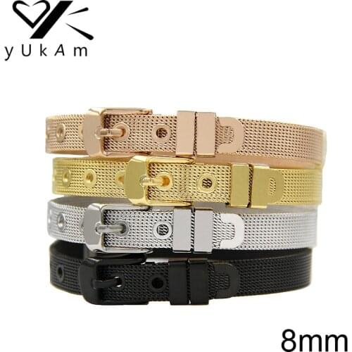 YUKAM Jewelry 8MM Women Girls Statement Stainless Steel Mesh Keepers Bracelets for Slide Charms Bangles Silver Color Gold Black