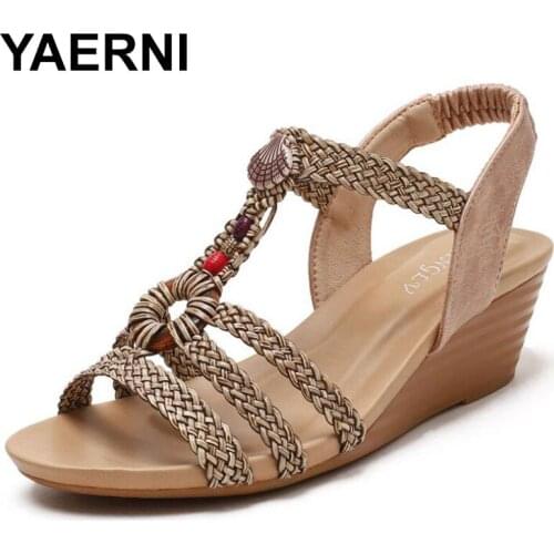 YAERNI Round head Women Sandals Summer Ladies Comfortable Wedges Sandals Female Soft Sole Shoes Bohemian ethnic roman shoes