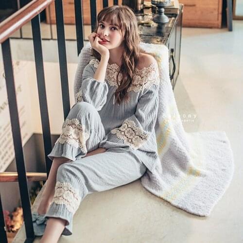Women Pajamas Summer Sleepwear Nightwear Girls Lace Double Gauze Postnatal Sleepwear Thin Section Cotton
