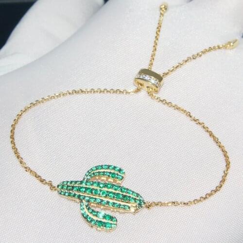 SLJELY Luxury Brand 925 Sterling Silver Yellow Gold Color Cactus Bracelet Micro Green Cubic Zirconia Stones Women Fine Jewelry