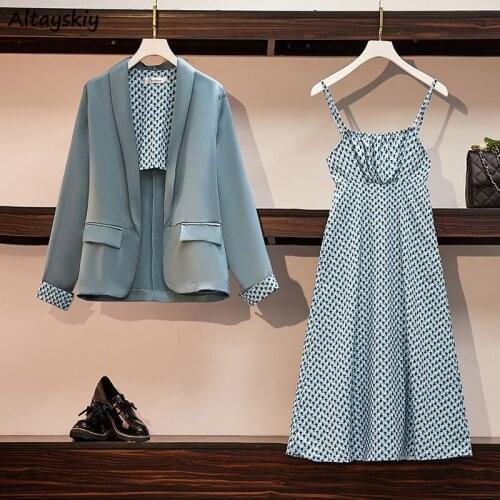 Dress Sets Women Summer New Blazer Casual Streetwear Spaghetti Strap Pleated Elegant Ulzzang Fashion Vintage High Waist Female