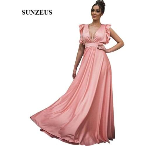 Deep V-neck Prom Dresses With Ruffles Cap Sleeves Long Women Party Gowns Simple A-line Satin Formal Wear
