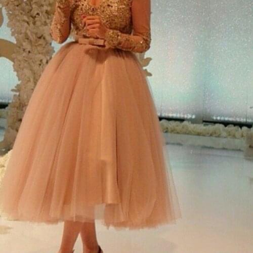 Hot Sale a-line Long Sleeve Tea Length Tulle Applique Lace Champagne vestido de noiva party prom gown 2018 bridesmaid dresses