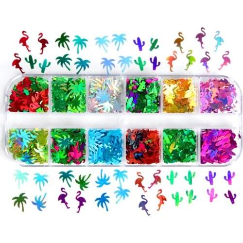 12Grids Holographic Nail Glitter Sequins Colorful Flamingo Palm Tree Cactus Shape Flakes Polish Manicure Nail Art Decorations
