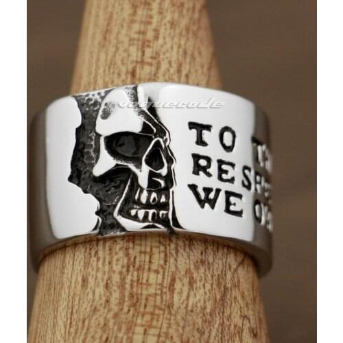 316L Stainless Steel Motto On Wide Skull Mens Biker Ring B027