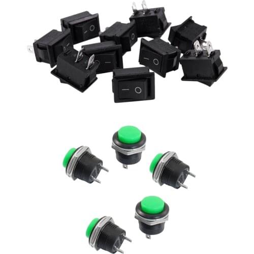 5 x Momentary SPST NO Green Round Cap Push Button Switch AC 250V/3A & 10 Pcs AC 6A/250V 10A/125V 2 Solder Lug On/Off Mini Boat R