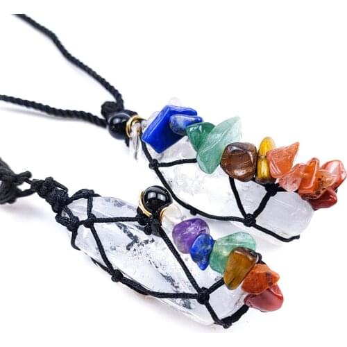 7 Chakra Irregular Stones Yoga Healing Energy Weaving Rope Pendant Natural Crystal Cylinder Crushed Stone Meditation Necklace