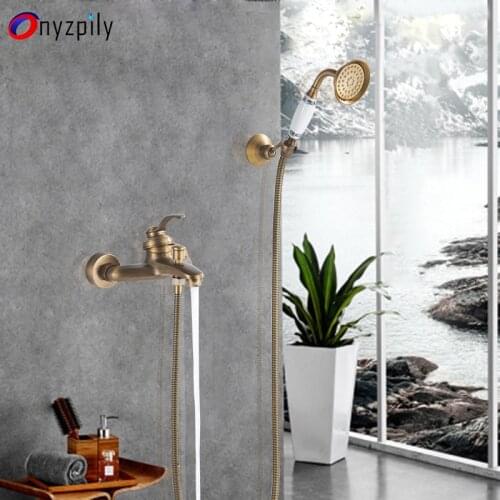 Onyzpily Antique Brass Bath Shower Faucet Wall Mounted Longer Nose Bathtub Mixers with Handshower 3 Different Styles
