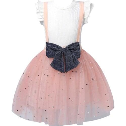 Kids Girls Summer Suit Ruffled Flying Sleeve T-shirt Top Suspenders Pants Pleated Bowknot Shiny Stars Mesh Tutu Skirt 2Pcs Set