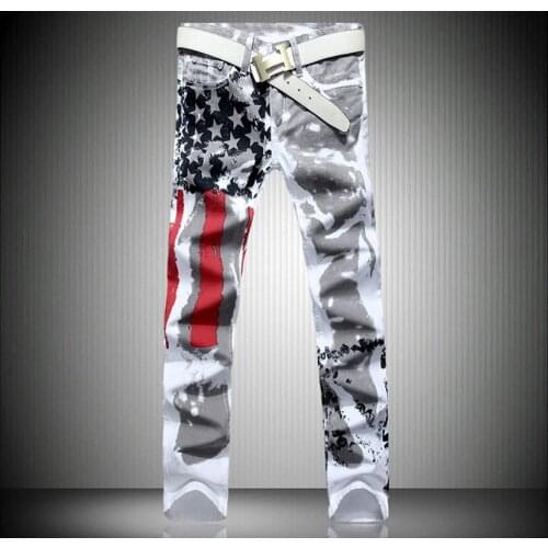 New Fashion Men American USA Flag Printed Jeans Slim Fit Trousers Plus Size 40 42 Casual biker white Jeans joggers cargo pants
