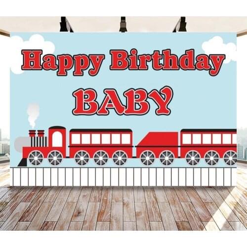 Baby Happy Birthday Cartoon Red Train Backdrops For Party Decor Blue Sky Railway Boy Cake Table Photo Backgrounds Customize