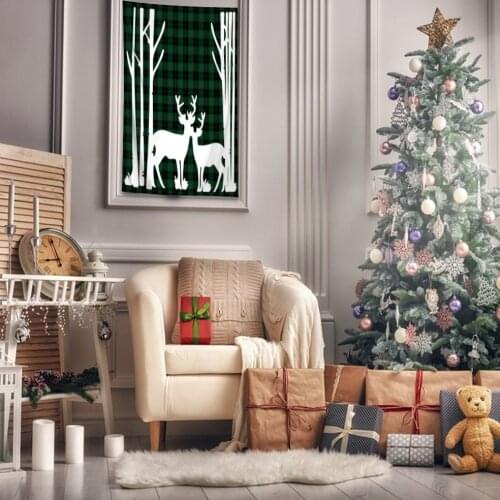 Tapestry Reindeers in Forest Trees Silhouette on Plaid Pattern Traditional Christmas Decor Artwork Printed White Green Black