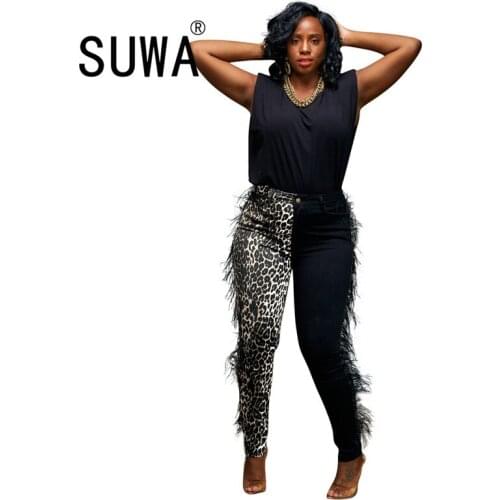 Leopard Feather Stitching Classic Pencil Pants Streetwear Women Trousers Evening Party Club Fashion Sweatpants 2020 Wholesale
