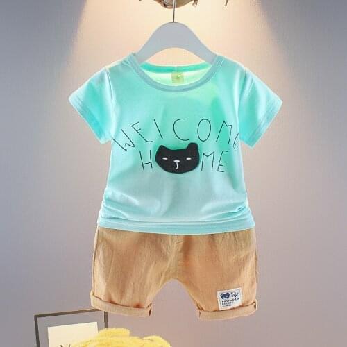 Baby Girl Outfit Set Fashion Summer Children Kitten Letter Suit Baby Casual Short Sleeve Two Piece Kids Bebes Jogging Tracksuits