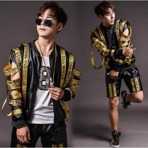 Personalized mens leather jacket hollow letter pu coat men motorcycle leather jackets stage dance rock short pant coat vest