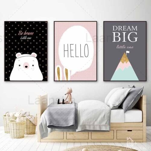 Cute White Bear Childrens Room Decoration Painting Be Brave Mountain Peak Top Dream Big Home Decor Living Room Canvas Painting