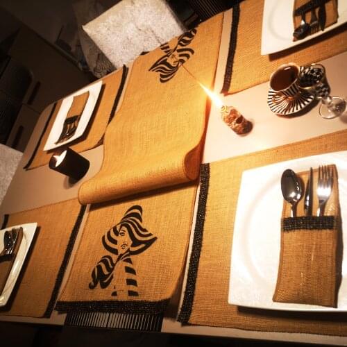 Burlap Runner Set / Embroidered Hat Jute Runner, Placemets Set of 4, Burlap Tableware Utensil Holders Set of 4