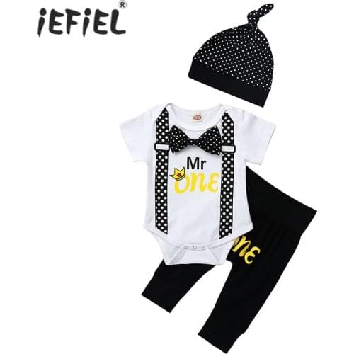 Baby Boy Clothes 1st First Birthday Outfits Boys One Year Gentleman Tie Romper Pants Polka Dots Hat Toddler Baby Clothing Sets