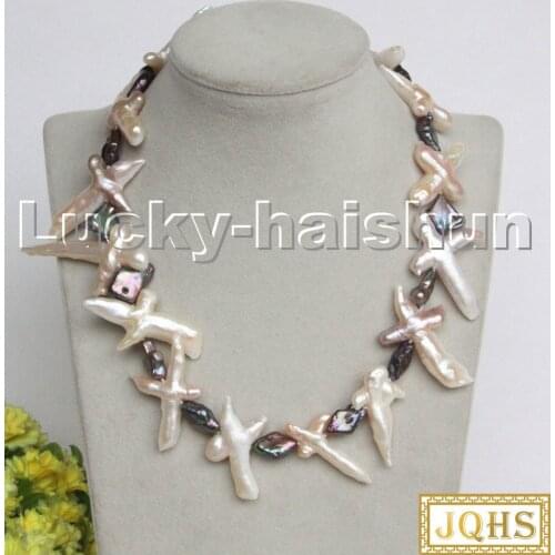 Baroque 18" 48mm white black pink Cross freshwater pearls necklace 18KGP c227