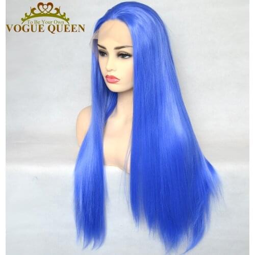Vogue Queen Sky Blue Synthetic Lace Front Wig Long Straight Heat Resistant Fiber Cosplay Wigs For Women