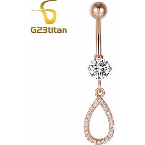 Sexy Body Jewelry Button Belly Ring Dangling Rose Gold Stainless Steel Navel Piercing Crystal Rope Neck Ring