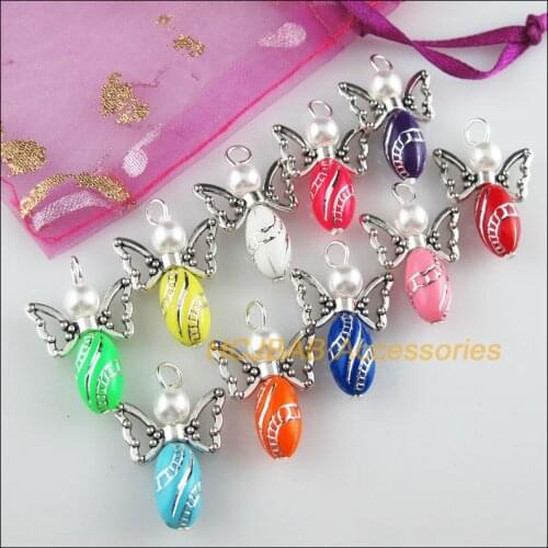 20Pcs Tibetan Silver Tone Angel Mixed Acrylic Oval Charms Pendants 18x27mm