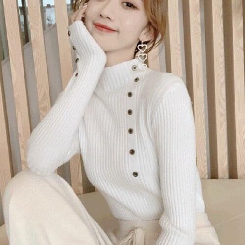 2021 New Casual Women Pullover Slim Knitted Sweater Autumn Winter Knitwear Elasticity Buttons Warm Tops Sweter Bottoming Shirt