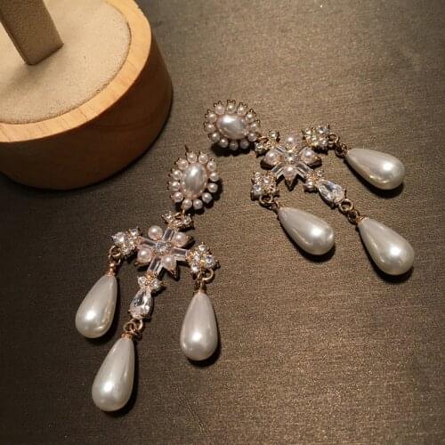 Earrings For Women 2020 Baroque Retro Temperament Love Heart Cross Pearl Pendant Long Dangle Earring Tassel Jewelry