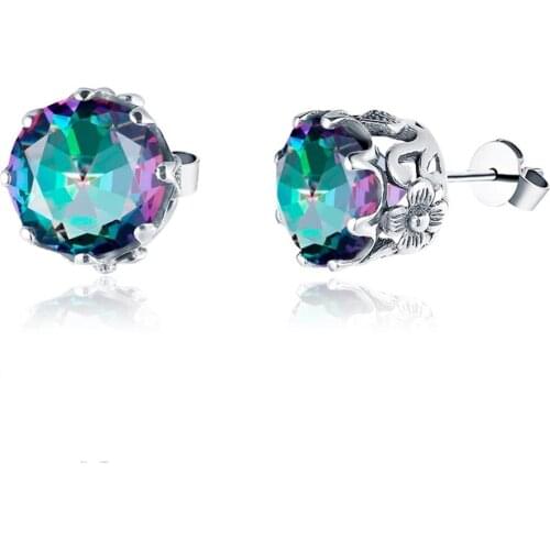 Szjinao Silver Earrings Stud Rainbow Mystic Topaz Earrings For Women Round Gemstone Handmade Engrave Fine Jewelry 2020 Ohrringe