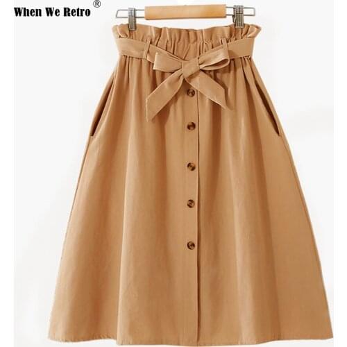 Women Casual Cotton Skirt 2021 Summer Korean Style Solid Elegant High Waist Single-Breasted Bow Lace Up A-Line Midi Skirt VD2260