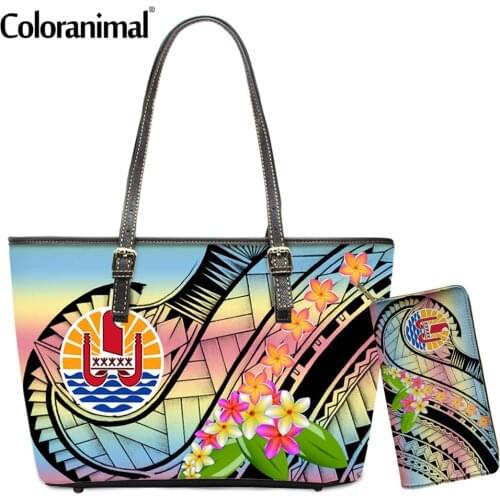 Coloranimal Gradient Color Women Shoulder Bag Tribal Tahiti Polynesian Plumeria Printed Girls Handbag 2Set PU Leather Tote Bag