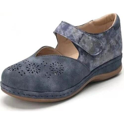 Women Shoes 2021 Summer Fashion Round Toe Flats Shoes Women Hollow Out Velcro Vintage Shoes Women Size 43 Casual Shoes Zapatos