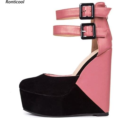 Ronticool Handmade Women Thick Platform Pumps Wedges High Heels Round Toe Pretty 6 Colors Party Shoes Women US Plus Size 5-20