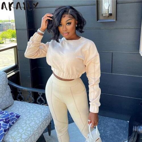 Akaily Autumn Black 2 Two Piece Sets Tracksuit Womens Outfits Sweatsuits Crop Top Skinny Pants Suits Ladies Sports Matching Sets