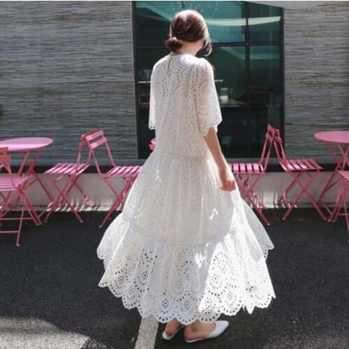 Mozuleva 2021 Spring New Korean Style Flare Sleeve O-Neck Large Pendulum Solid Color Stitching Cotton Linen Women White Dress