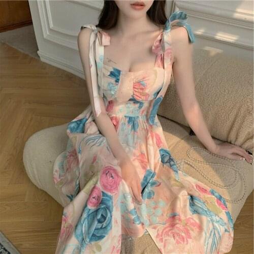 Summer Womens Floral Printed bow Sleeveless Split Beach Party Maxi Dress