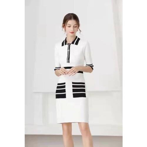 High Quality Sweater Dress 2021 Autumn Style Women Turn-down Collar Black White Color Block Knitting Half Sleeve Casual Dress